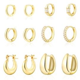 HILXURY 6 Pairs Small Gold Huggie Hoop Earrings for Women, 14K Gold Plated Cartilage Piercings Hoop Earrings Hypoallergenic, Trendy Lightweight Chunky Hoops Set for Women Gifts. (B- Gold)