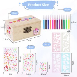 POFIBO Mini Schatztruhe - 10 Stück Kleine Holzkiste mit Aufkleber, Aquarellstifte, Schablonen Malen, Schatztruhe Kindergeburtstag, 9x5.5x5cm Schatzkiste für DIY Kunsthandwerk und Party Favor