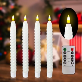 4 Pcs Twisted Flameless Taper Candle with 10 Key Timer Dimmer Battery Operated Spiral Candles Realistic Flickering LED Candlesticks Fake Electric Twisted Candle sticks for Dining Room Wedding (White)