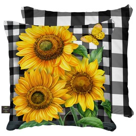 Briarwood Lane Checkered Sunflowers Summer Decorative Pillow Indoor Outdoor 17" x 17"