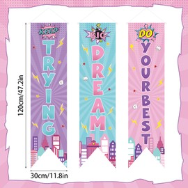 3 Pieces Hero Party Decorations for Girls Hero Wall Banners Porch Signs Backdrops Inspirational Cityscape Photography Background Keep Trying Big Dream Do Your Best for Birthday Baby Shower Classroom
