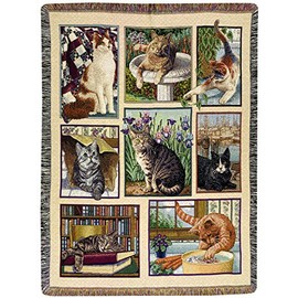 Manual Tapestry Throw with Fringe, Kitty Korner, 47 X 60-Inch