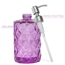 12Oz Purple Glass Soap Dispenser with Stainless Steel Pump, Refillable Kitchen Liquid Hand Soap Dispenser with Diamond Design, for Dispense Hand soap, Dish Soap, Lotion, Bathroom, Countertop, Hotel