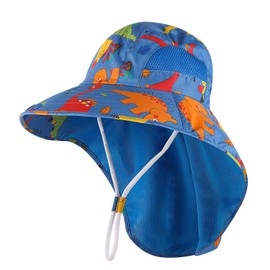 MK MATT KEELY Kids Sun Hat 2-8 Years Boys Summer Neck Protection Wide Brim Beach Hat with Adjustable Chin Straps,Dark Blue Dinosaur