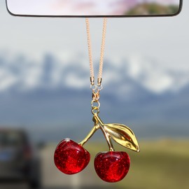 Briwill Cherry Car Rear View Mirror Accessories - Cute Mirror Hanging Pendant Gold Charm with Red Cherry Car Accessories,Lucky Car Interior Decor(Gold+Red)