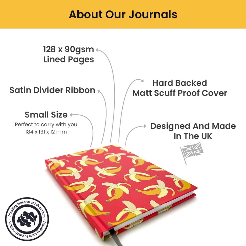 Cauliflower Journals Pocket Sized Notebook: Red Cover Banana Patterned Hardback