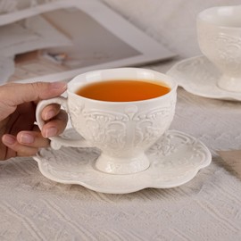 KAMMAK Tea Cups and Saucers Set of 2, 7.8 oz Floral Porcelain Tea Set, Latte Cups for Tea Party, Holiday Gifting, Home, Office, Gifts (Britney, 230ml)