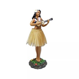Hawaiian Leilani with Ukulele Brown Skirt Hula Girl Dashboard Doll 7"