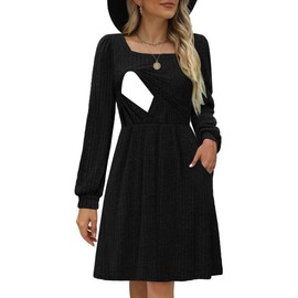 CzzzyL Women's Nursing Friendly Dresses Breastfeeding Long Sleeve Square Neck Party Knee Length Dress Postpartum Elastic Waist with Pockets Black Large