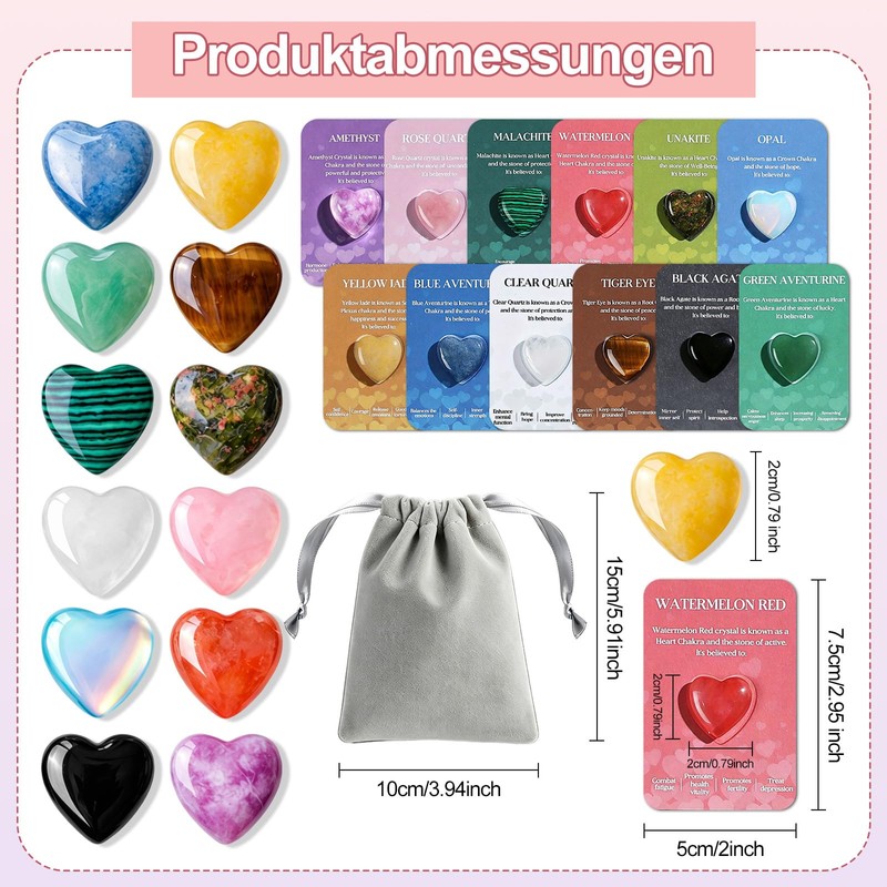 12 Heart Stones Lucky Charm, Colourful Crystals for Gifting