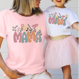 Mama Mini Shirts Matching Mommy and Me Shirt Mother and Daughter Outfits Cute Floral Graphic Mama Mini Tees Tops (4T, White)