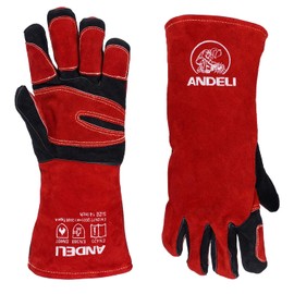 Andeli Welding Gloves, Heat Resistant Gloves, Leather, MIG Gloves, Thick and Soft, Heat Resistant, Composition Leather, For Work, Potholders, Bonfire Stand, Dog Bite Prevention, Red-Black