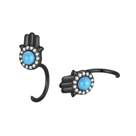 Created Turquoise Hamsa Hand of Fatima Half Hoop Earrings Black Gun Plated Over 925 Sterling Silver Smal Huggie Hoop Earrings Protection Hamsa Hand Hugger Hoop piercing Earrings for Women FE0197K