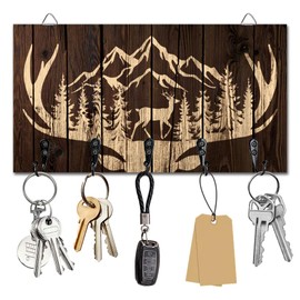 DELORIGIN Antlers Mountains Key Holder Key Hooks Wall Mounted Wooden Key Racks Key Storage Organizer Hanger with 5 Key Hooks House Key Holder for Wall Decor Door Entryway Hallway Kitchen New Home Gift