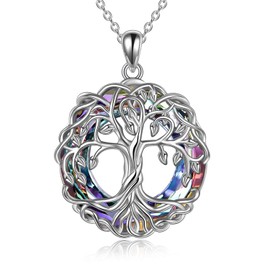 POPLYKE Tree of Life Necklace for Women Sterling Silver Celtic Knot Family Tree With Blue/Purple/Volcano Crystal Irish Gifts for Mom Daughter Wife Birthday Christmas (Dark volcano)