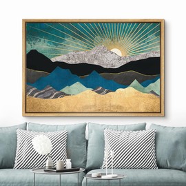SIGNFORD Framed Canvas Print Wall Art Teal Gold Mountain Range Sunshine Nature Wilderness Illustrations Modern Art Rustic Zen Landscape Colorful for Living Room, Bedroom, Office - 24"x36" Natural