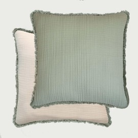 Folkulture Throw Pillow Covers 18x18 | Set of 2 | Fringed | Reversible Dual Sided Decorative Pillows for Couch | 100% Cotton | Sage Green & Beige Cushion Covers | Farmhouse Cushions