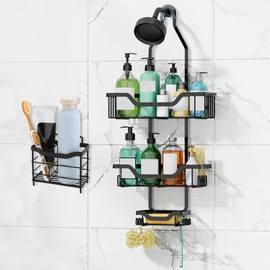 Shower Shelf for Hanging, Shower Shelf with Toothbrush Cup Holder, Never Rust, Bathroom Shelf, Hanging with 12 Hooks for Razor/Sponge, No Drilling Shower Baskets with Soap Holder for Bathroom