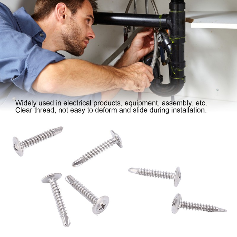 100Pcs Self Drilling Screw M4.2x25 Round Washer Stainless Steel Fastener