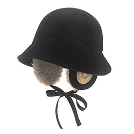 Corduroy Earmuff Bucket Hat Sunny Ear Flaps Chin Strap Trapper Trooper Hat Black