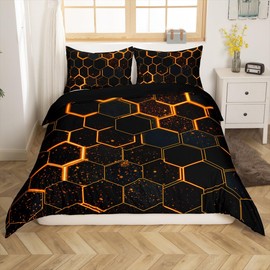 Black Orange Honeycomb Duvet Cover Neon Hexagon Comforter Cover Geometric Beehive Boys 135 x 200 cm Bedding Set, Abstract Line Art Bed Set Modern Geometry Room Decor