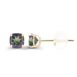 14K Yellow Gold Plated Sterling Silver 4mm Cushion Mystic Green Quartz November Birthstone Genuine Stud Earrings For Women