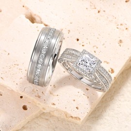 Newshe Jewellery Wedding Ring Sets for Him and Her Women Mens Silver Band Promise Rings Couples 5A Cubic Zirconia Size 10&6