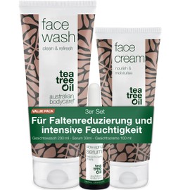 Anti-Ageing Face Care Set with Tea Tree Oil - Wash Gel, Cream and Serum for Wrinkle Reduction, Line Reduction and Intense Moisture - For Men and Women