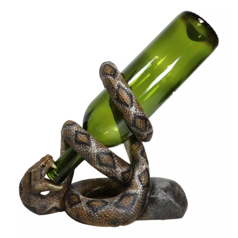 Rustic Western Coiled Diamondback Rattlesnake Snake Wine Bottle Holder Figurine