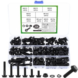 208 Pcs M6 Nuts and Bolts Set, Hex Serrated Flange Bolts and Nuts Set, Metric Flanged Hex Head Bolts and Nuts Assortment Kit, Black Assorted Machine Screws Flange Nuts Lock and Flat Washers Set (M6)