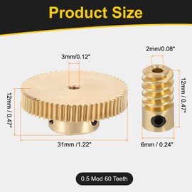 sourcing map Worm Gear Set 60T 0.5 Module 60:1 Reduction Rate, Right Rotation Drive Gear Box Wheel Reduce Transmission Part (Brass Gear-3mm Bore, Brass Rod 2mm Bore)