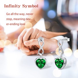 May Emerald Green Birthstone Infinity Stud Earrings - Shysnow 925 Sterling Silver Heart Shaped Cubic Zirconia Dangle Studs Infinite Symbol Birth Gem Stone Jewelry for Mother Birthday Mother's Day Gift