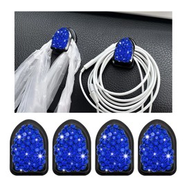 Yourkar 4PCS Bling Car Mini Hooks, Multifunctional Adhesive Small Auto Storage Hook for Key Cable Mask, Crystal Rhinestone Dashboard Hanging Hook, Interior Decor Car Accessories (Blue)