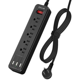 CILIA Power Strip Surge Protector with 5 AC Outlets & 3 USB Ports, 5Ft Flat Plug Extension Cord, 1250W/10A, 3-Prong Wall Mount, UL Listed for Home, Office, Dorm (Black, 3 USB Ports 5 Outlets)