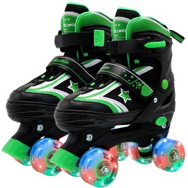 WELLWON Kids Roller Skates for Boys Girls, 4 Size Adjustable Kids Rollerskates with Light Up Wheels, Roller Skates for Boys Girls Size L Green