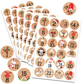 HOWAF 192pcs Christmas Advent Stickers 1-24 Christmas Number Stickers Round Kraft Christmas Countdown Stickers DIY Advent Calendar Stickers Gift Sealing Stickers Xmas Party Supplies, 8 Sheets, 4cm