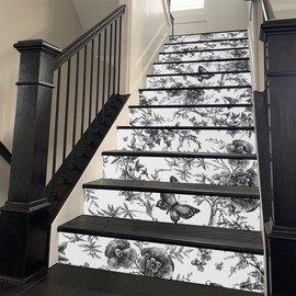 REDAMANCY Vintage Black and White Butterfly Flowers Peel and Stick Vinyl Stair Riser Decals Staircase Tile Stickers Decor Modern Marble Decoration Self-Adhesive(14 Pcs)