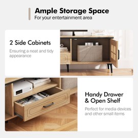 Giantex TV Stand for TV up to 65 Inches, Entertainment Center with 2 Cabinets, 1 Storage Drawer, Cable Hole, Open Shelf, Non-Slip Foot Pads, Boho Rattan Media Console Cabinet for Bedroom, Living Room