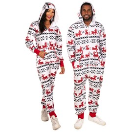 Tipsy Elves Christmas Onesies for Adults - Comfy Unisex Matching Holiday Jumpsuits with Convenient Pockets - White Fair Isle Christmas Jumpsuit Size Large