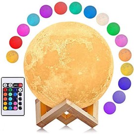 AGM Moon Lamp, Dimmable LED Moon Light 3D Printing 16 Colors Remote & Touch Control 15cm Night Mood Light with Wooden Holder for Children's Room Bedroom Cafe Bar Dining Room