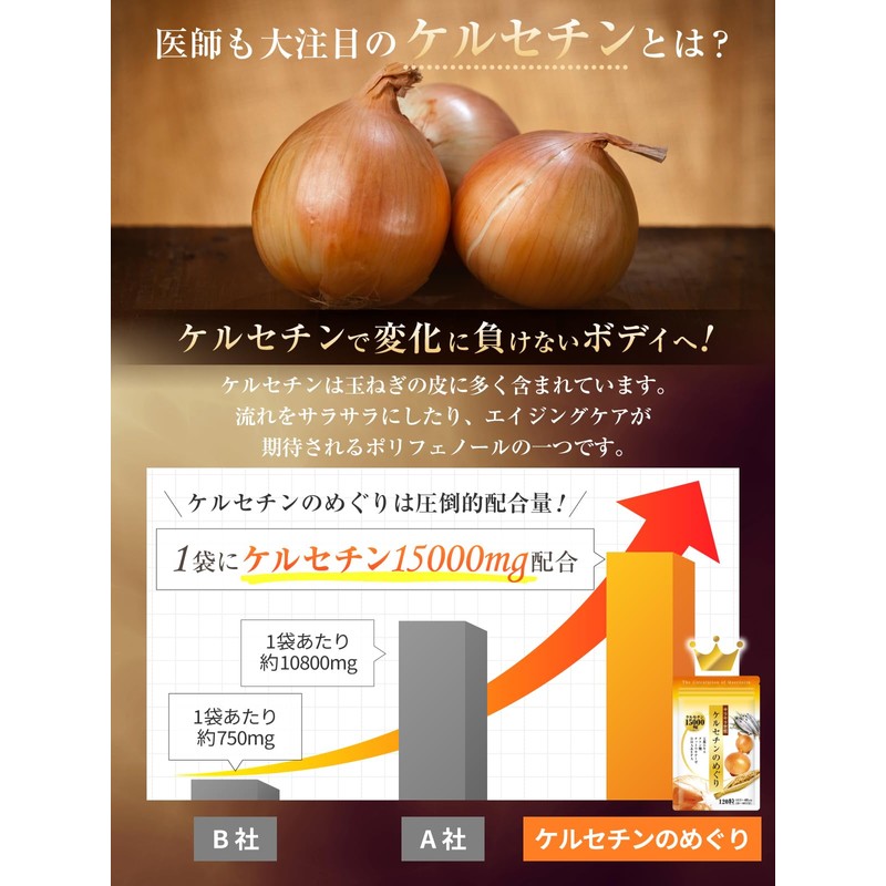 【医師監修】ケルセチン 1袋15000mg 30～60日分 4粒500mg 120粒 国産玉ねぎ・玉ねぎ外皮 納豆キナーゼ クエン酸 DHA EPA
