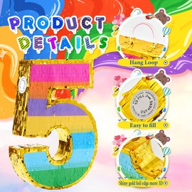 MUWOOB Rainbow Number 5 Pinata for 5th Birthday Party Decorations, Birthday Pinata with Stick Blindfold and Confetti, Kids Anniversary Celebration, Fiesta (Small, 16.5 x 11.5 x 3 In)