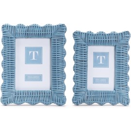 Two's Company Handmade Blue Rattan Photo Frame Set - 4x6 & 5x7 Wooden Boho Picture Frames