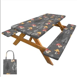 pickyNproud Picnic Table Cover with Bench Covers Camping Tablecloth with Storage Bag Windproof Waterproof Picnic Table Covers with Elastic for Camping