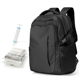 Travel Backpack with 2 Pack Vacuum Bags and Hand Pump, Personal item Backpacks Vacuum Storage Bags for Women Men, Travel Essentials Space Saving Compression Bag for Backpack,Luggage,Suitcase, Black