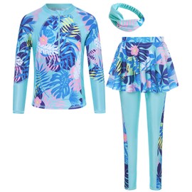 Girls Rashguard Swimwear Long Sleeve Swimsuit Kids Two Piece Skirt Pants Bathing Suit Sport Swim Sets with Hairband 7-8 Years Blue Leaf