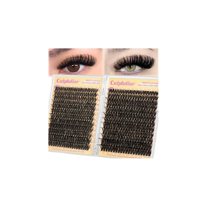 calphdiar Lash Clusters 60D+80D Thick Individual Eyelashes 480PCS Wispy Cluster