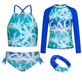 GRACE KARIN Girl Long Sleeve Swimsuit Rash Guard Tankini Set Bathing Suit 4 Piece UPF50+ Beach Swimwear Size 10