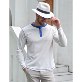 UOUA Men's Henley Shirts Long Sleeve Waffle T-Shirts Casual Button Comfortable Basic Tops White XL