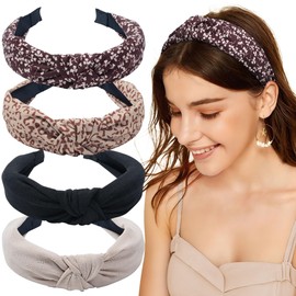 Mesovor 4 Pack Knotted Headbands for Women, Non-Slip Top Knot Wide Turban Head Band Headwrap | Comfortable Yoga Exercise Hair Hoop Hair Bands Accessories (Neutral Mix)